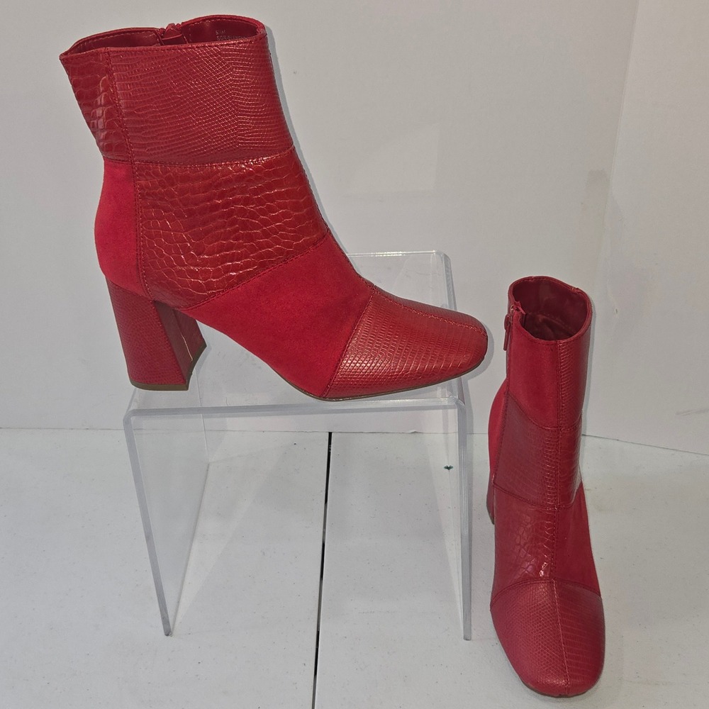 UNIQUE Sugar Element Red Snake Embossed Patchwork Ankle Boots Block Heel  6.5M